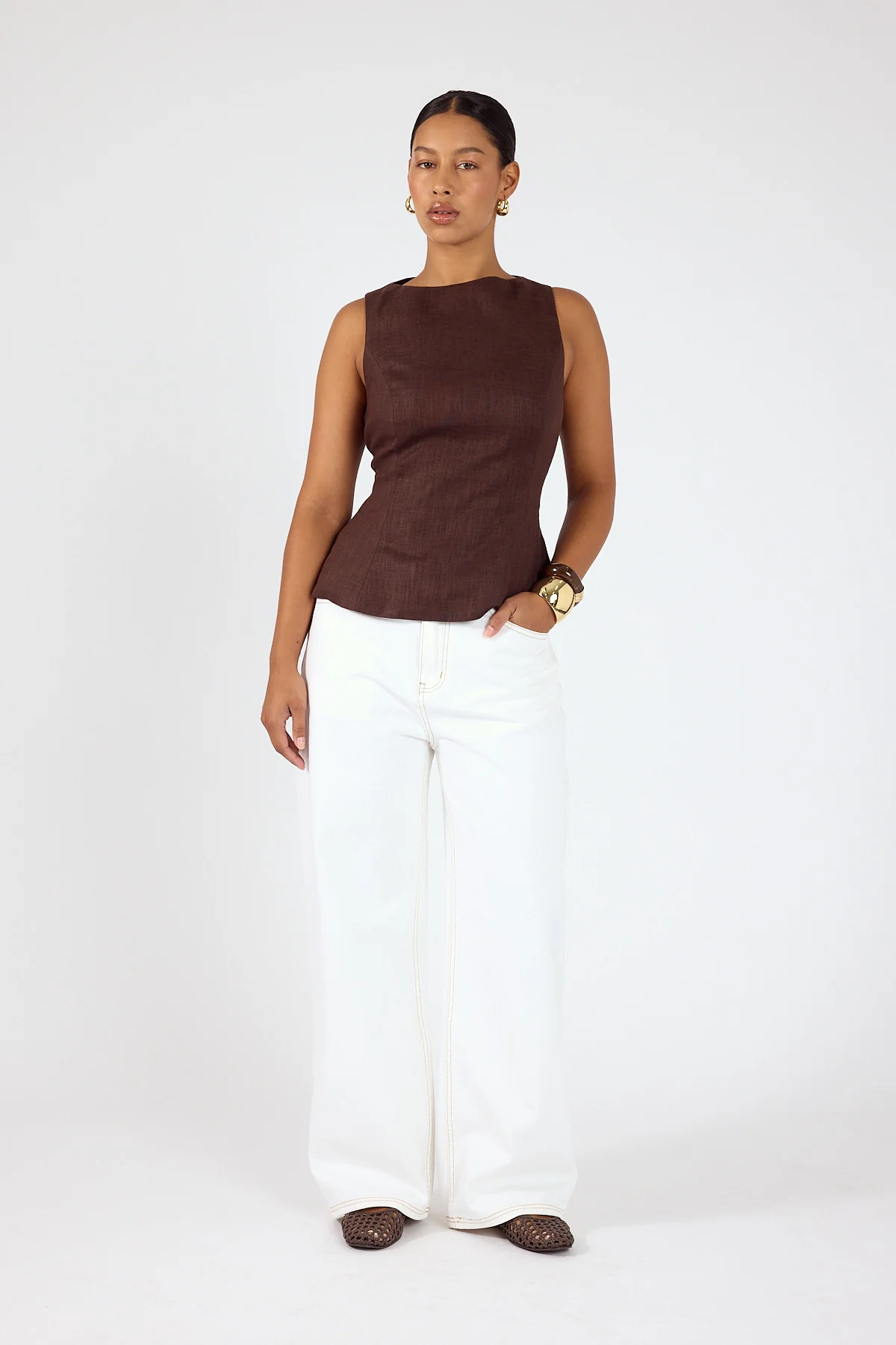 Perfect Stranger Menorca Boat Neck Top Brown - Image 3