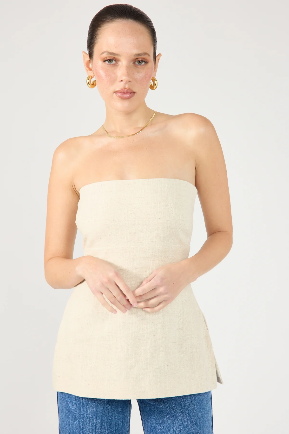 Perfect Stranger MENORCA LINEN SPECKLE STRAPLESS TOP Oat - Image 2