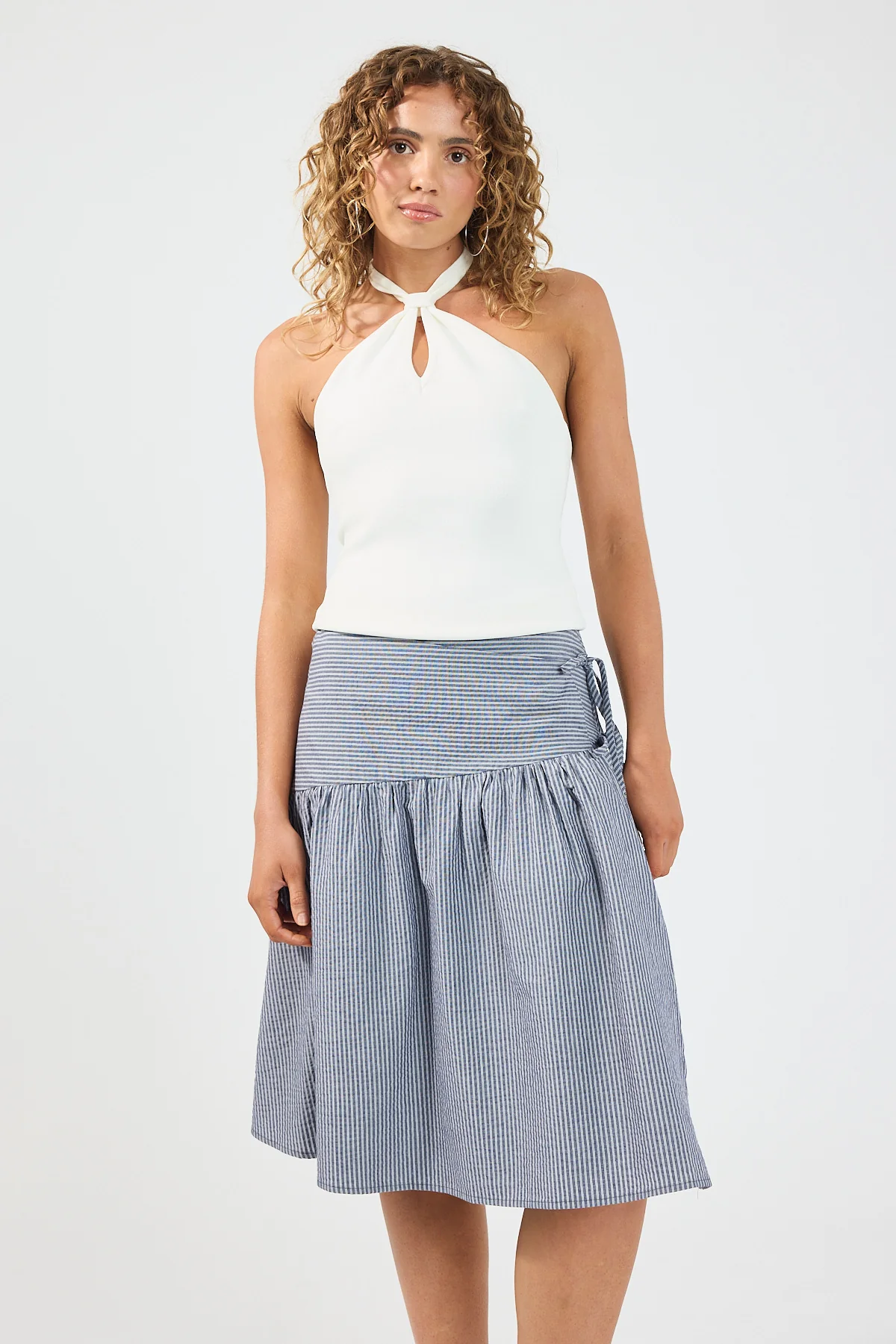 Perfect Stranger Mysti Wrap Midi Skirt Navy Stripe - Image 5