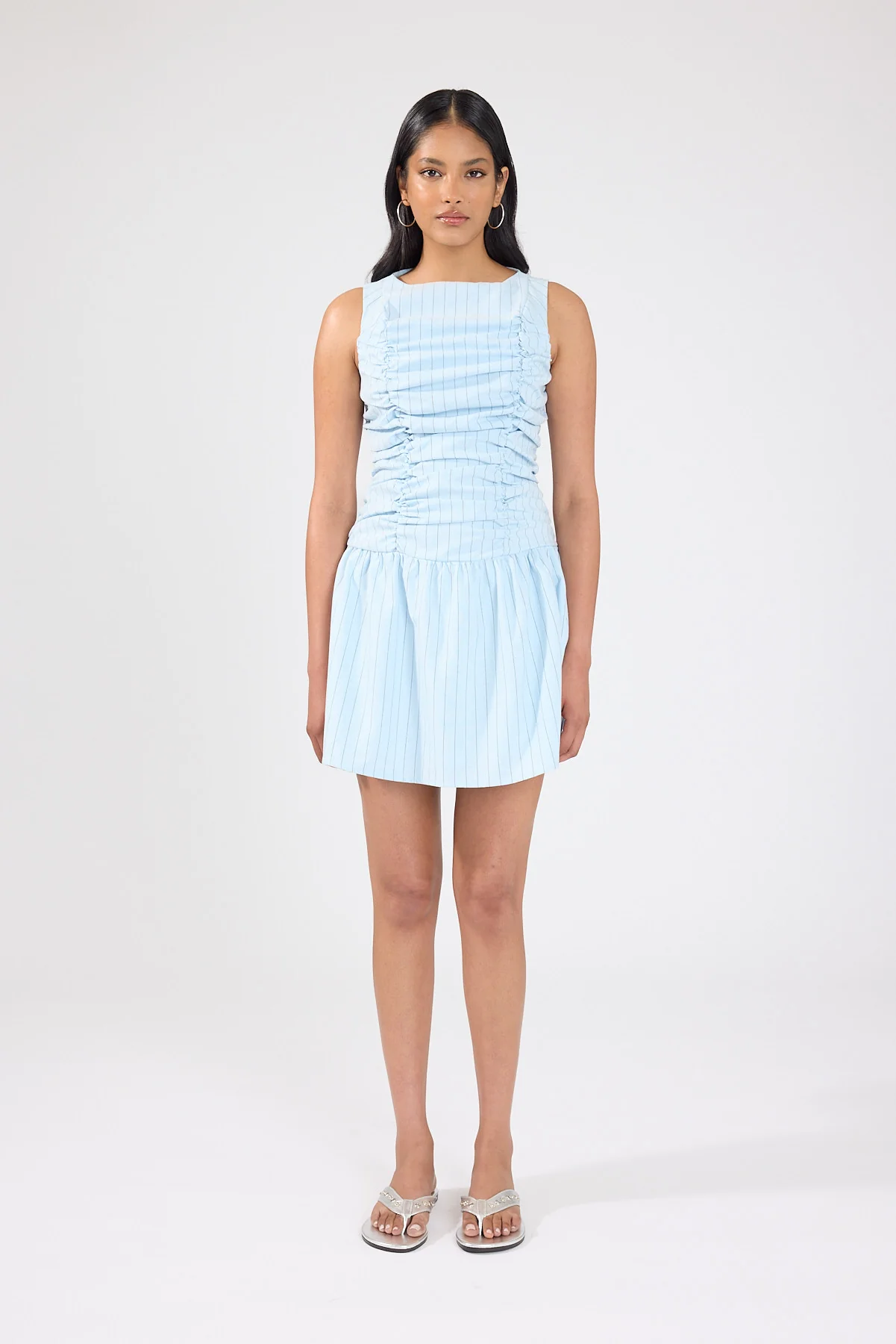 Perfect Stranger Nikki Gathered High Neck Mini Dress Blue Stripe - Image 4
