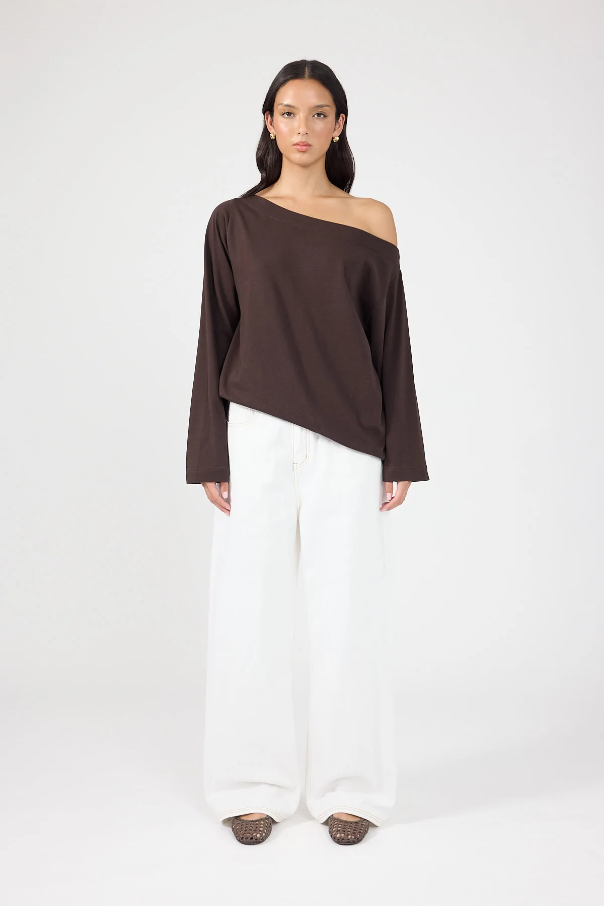 Perfect Stranger Oversized Boat Neck Long Sleeve T-shirt Brown