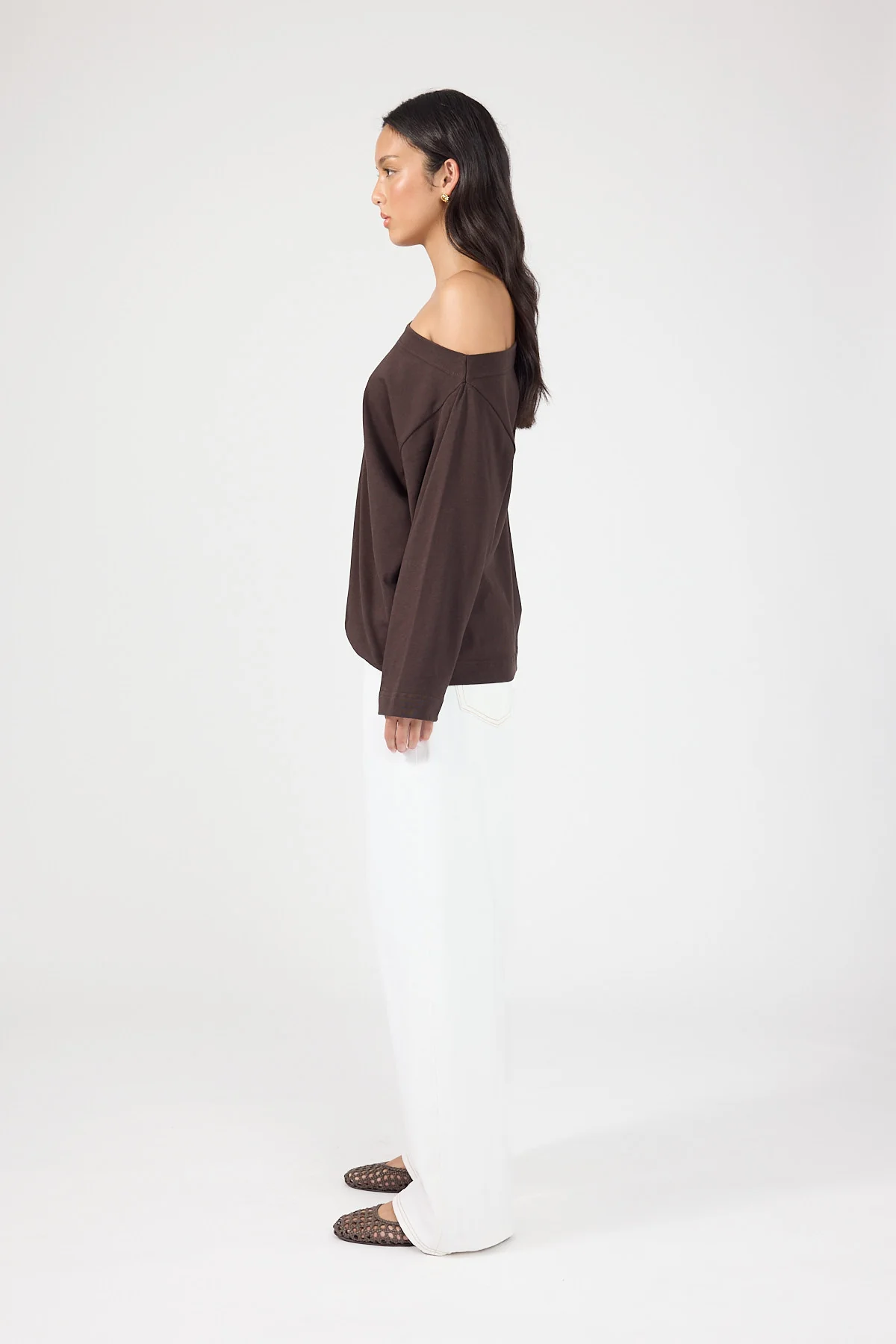 Perfect Stranger Oversized Boat Neck Long Sleeve T-shirt Brown - Image 2