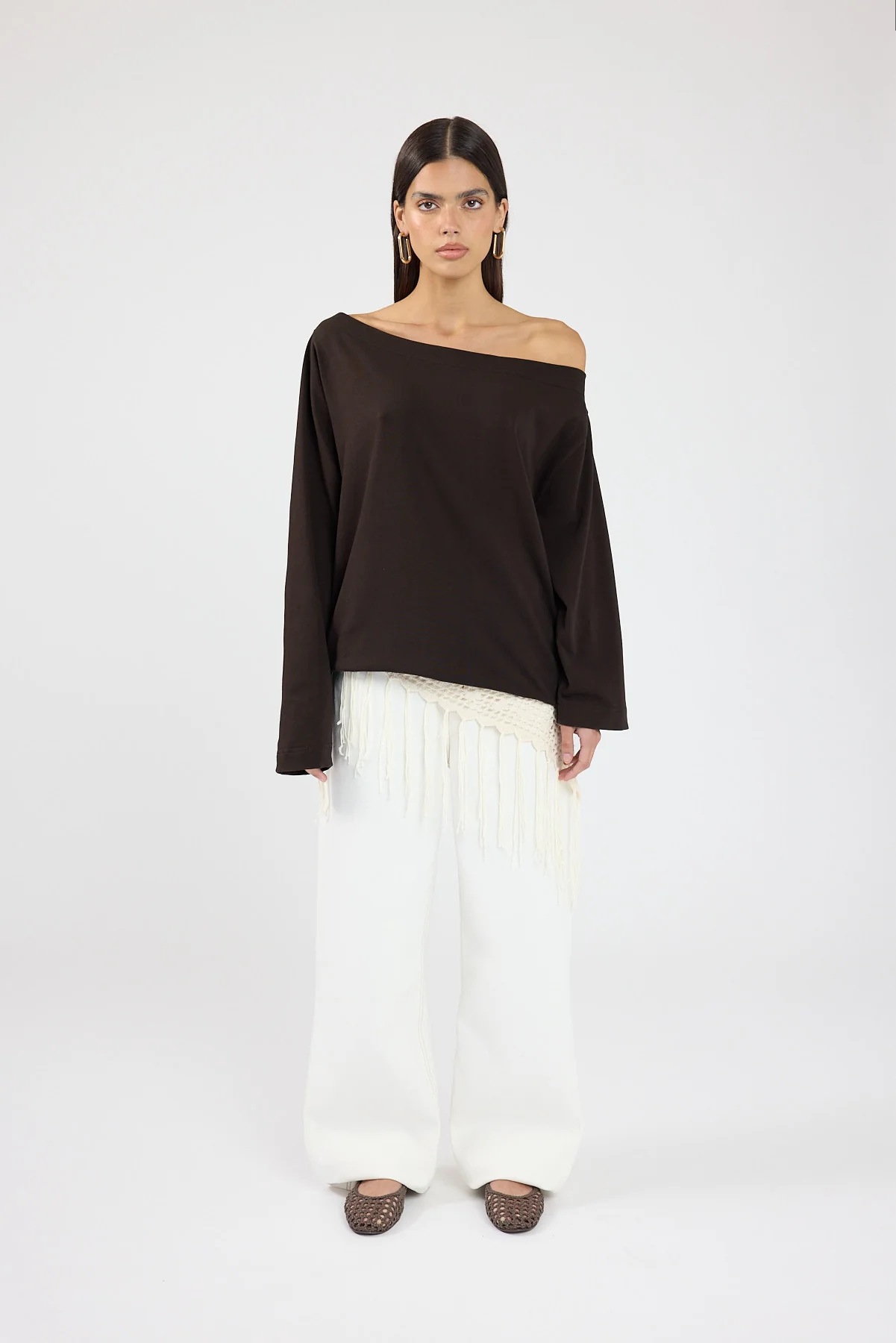 Perfect Stranger Oversized Boat Neck Long Sleeve T-shirt Brown - Image 4