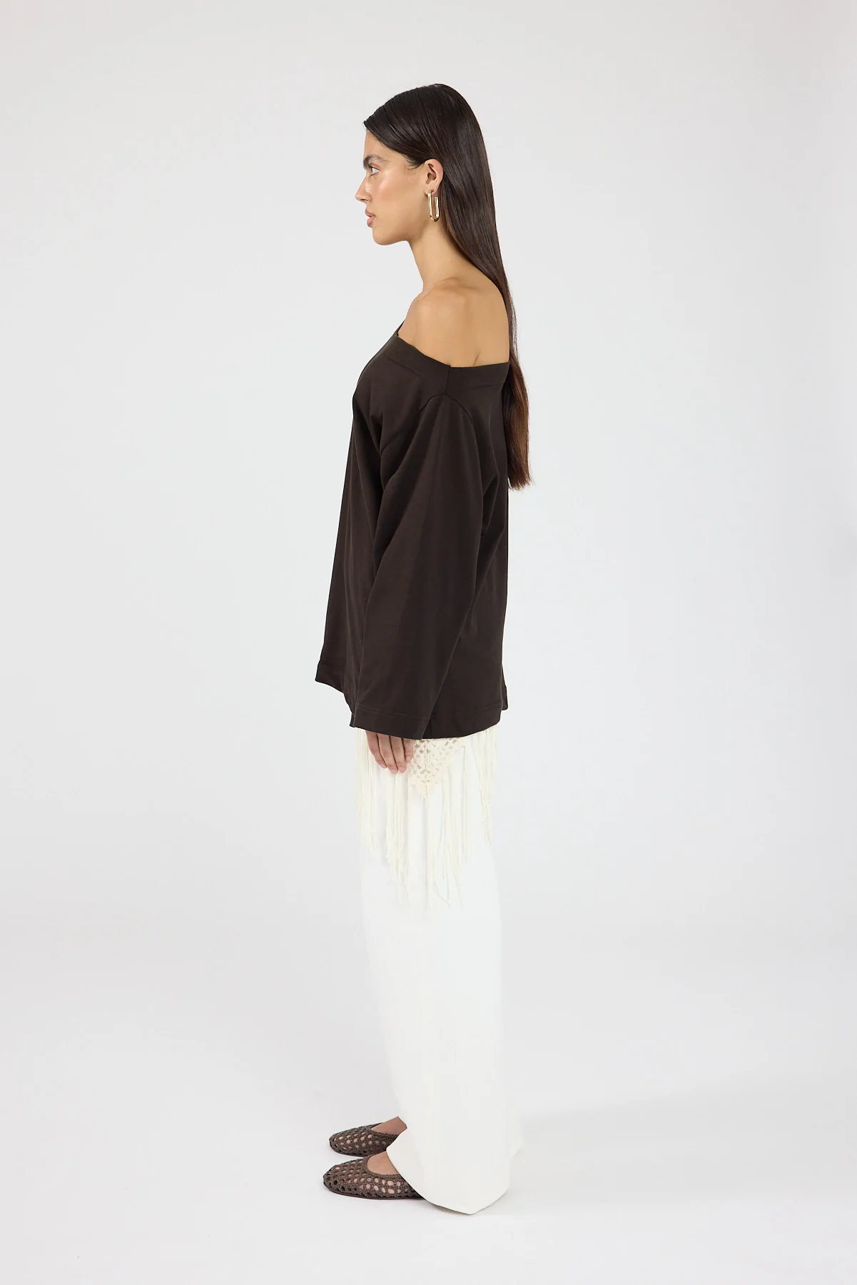 Perfect Stranger Oversized Boat Neck Long Sleeve T-shirt Brown - Image 5
