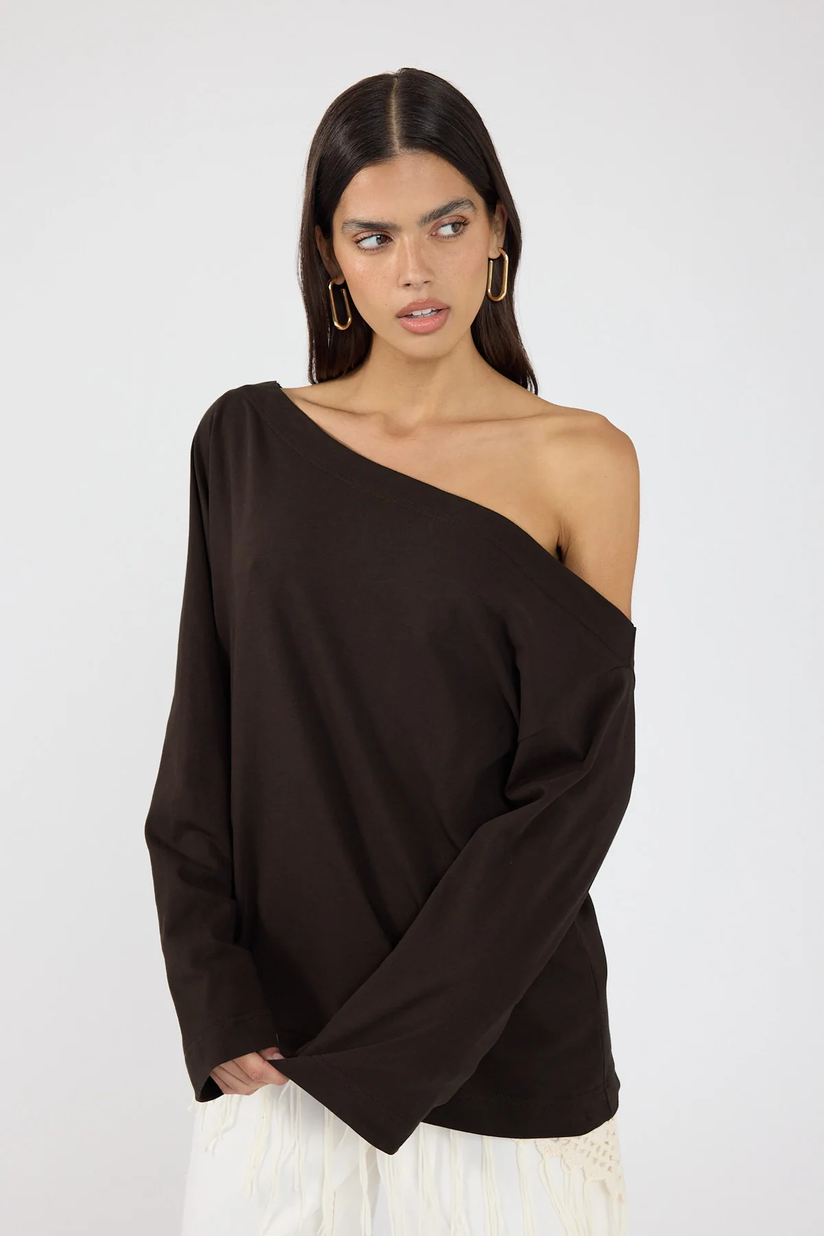Perfect Stranger Oversized Boat Neck Long Sleeve T-shirt Brown - Image 7