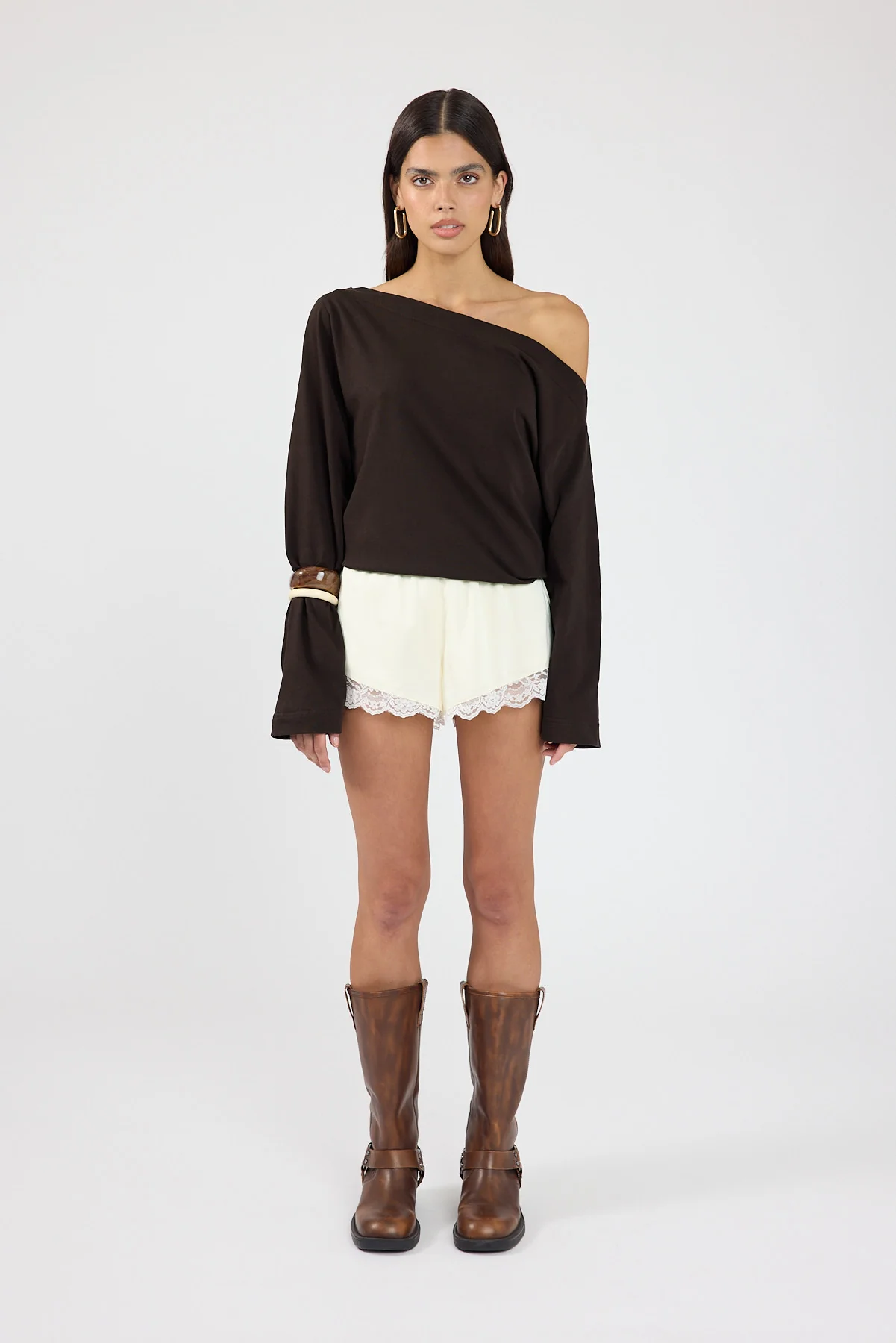 Perfect Stranger Oversized Boat Neck Long Sleeve T-shirt Brown - Image 8