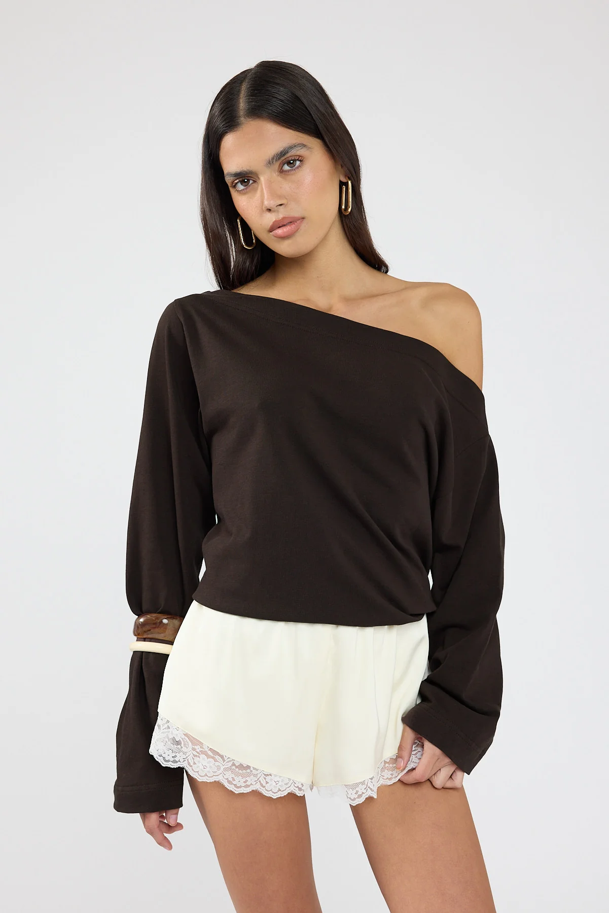 Perfect Stranger Oversized Boat Neck Long Sleeve T-shirt Brown - Image 9
