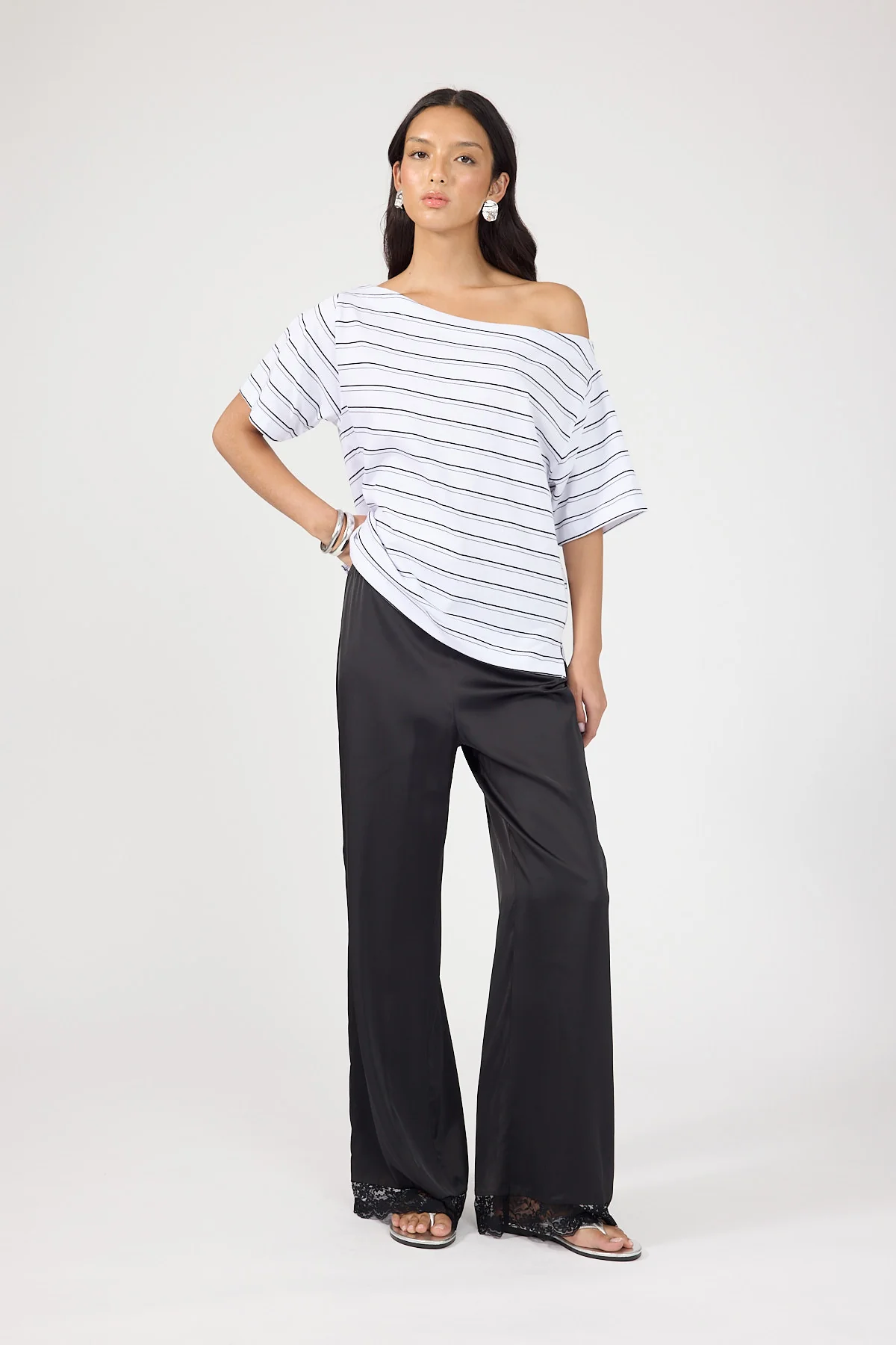 Perfect Stranger Oversized Boat Neck Tee Black Stripe