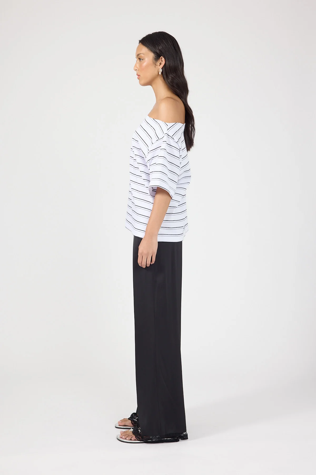 Perfect Stranger Oversized Boat Neck Tee Black Stripe - Image 2