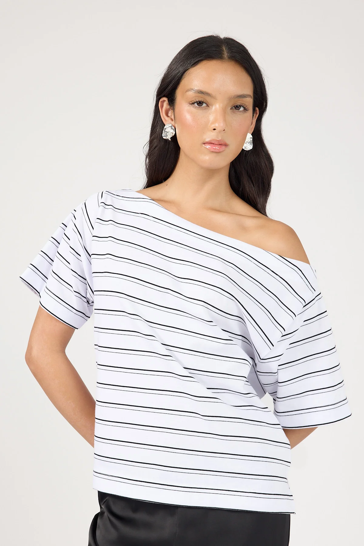 Perfect Stranger Oversized Boat Neck Tee Black Stripe - Image 4
