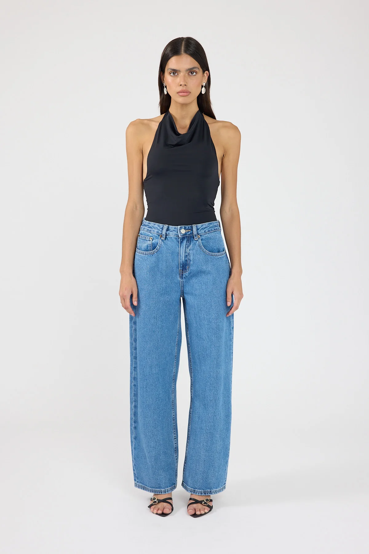 Perfect Stranger Petite Mid Rise Baggy Jean Mid Blue Denim