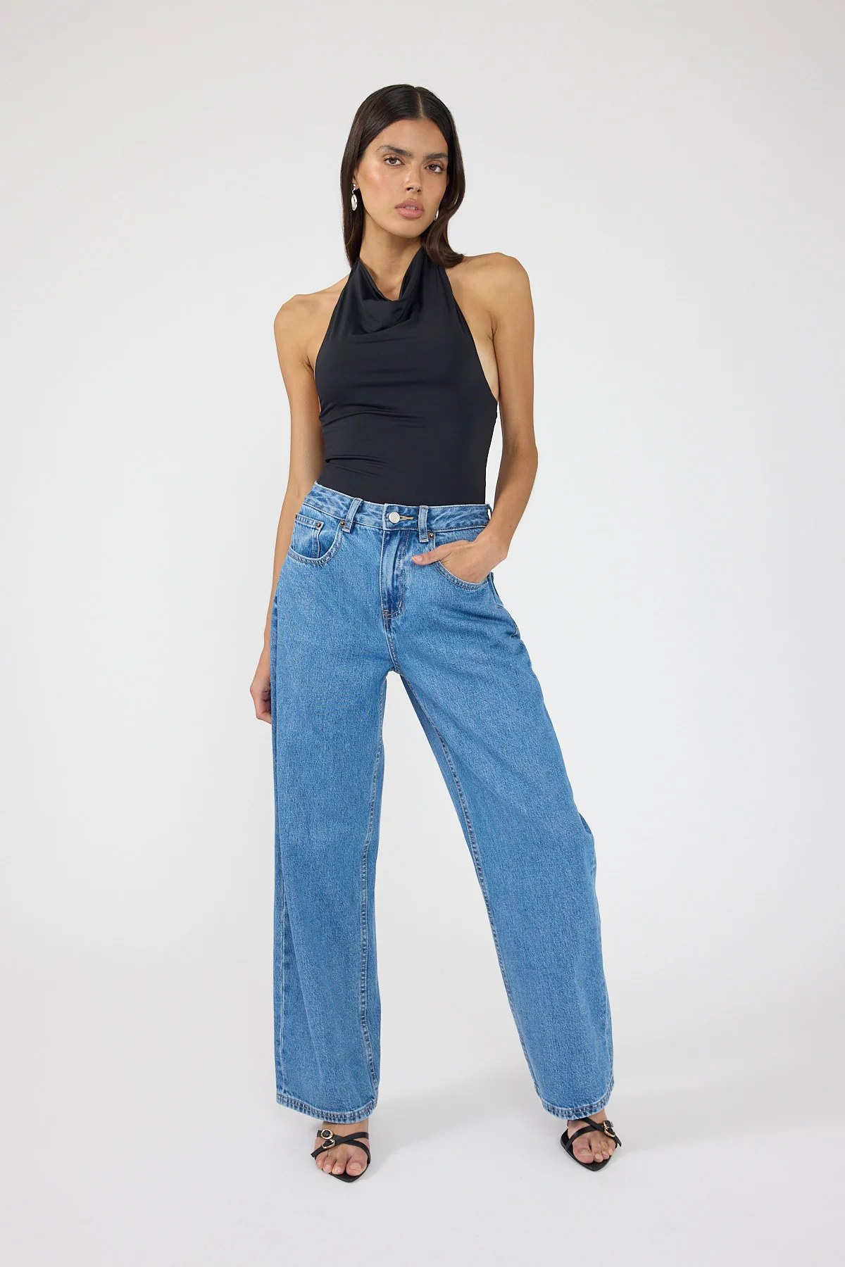 Perfect Stranger Petite Mid Rise Baggy Jean Mid Blue Denim - Image 4