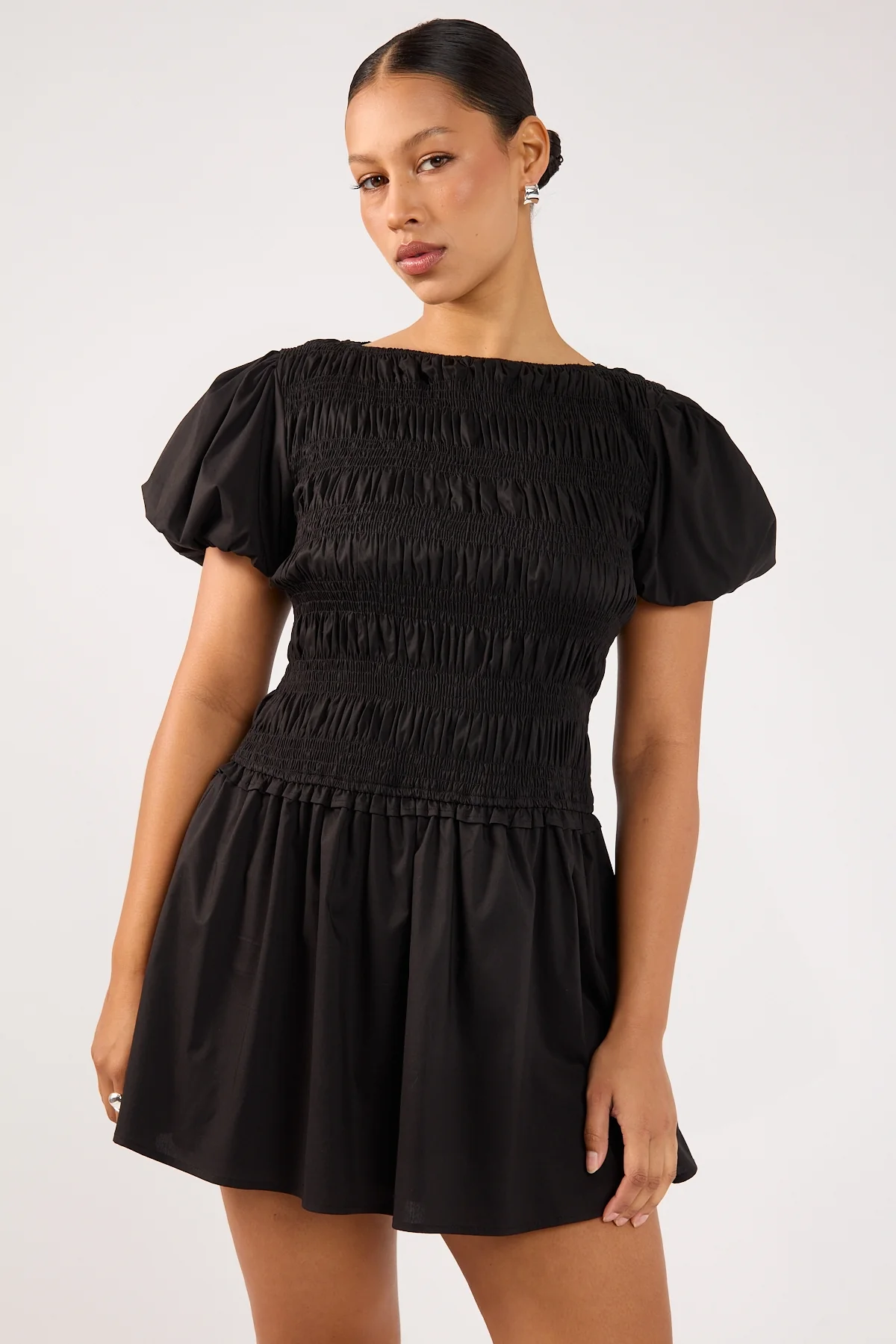 Perfect Stranger Rhea Shirred Short Sleeve Mini Dress Black - Image 3