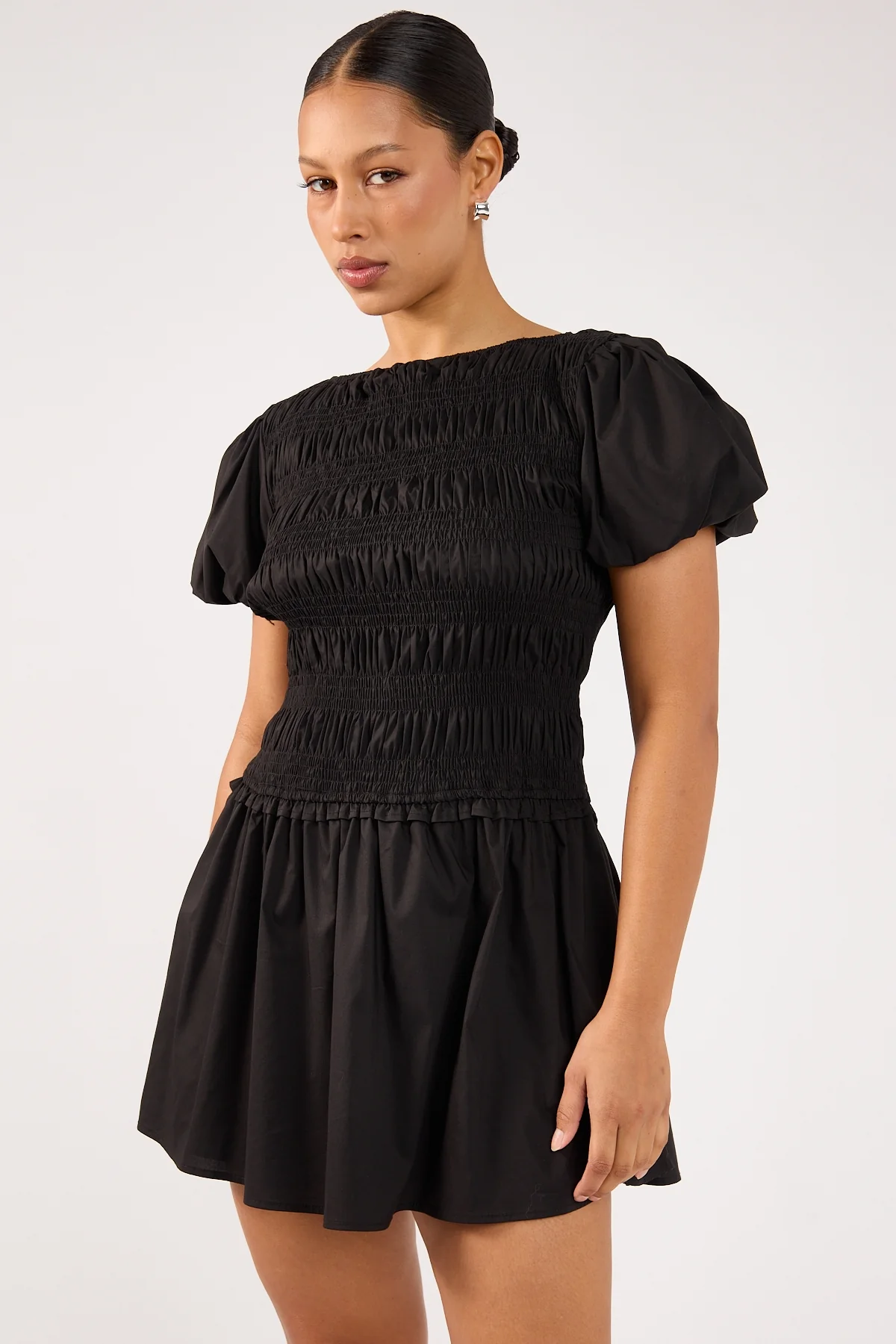 Perfect Stranger Rhea Shirred Short Sleeve Mini Dress Black - Image 4