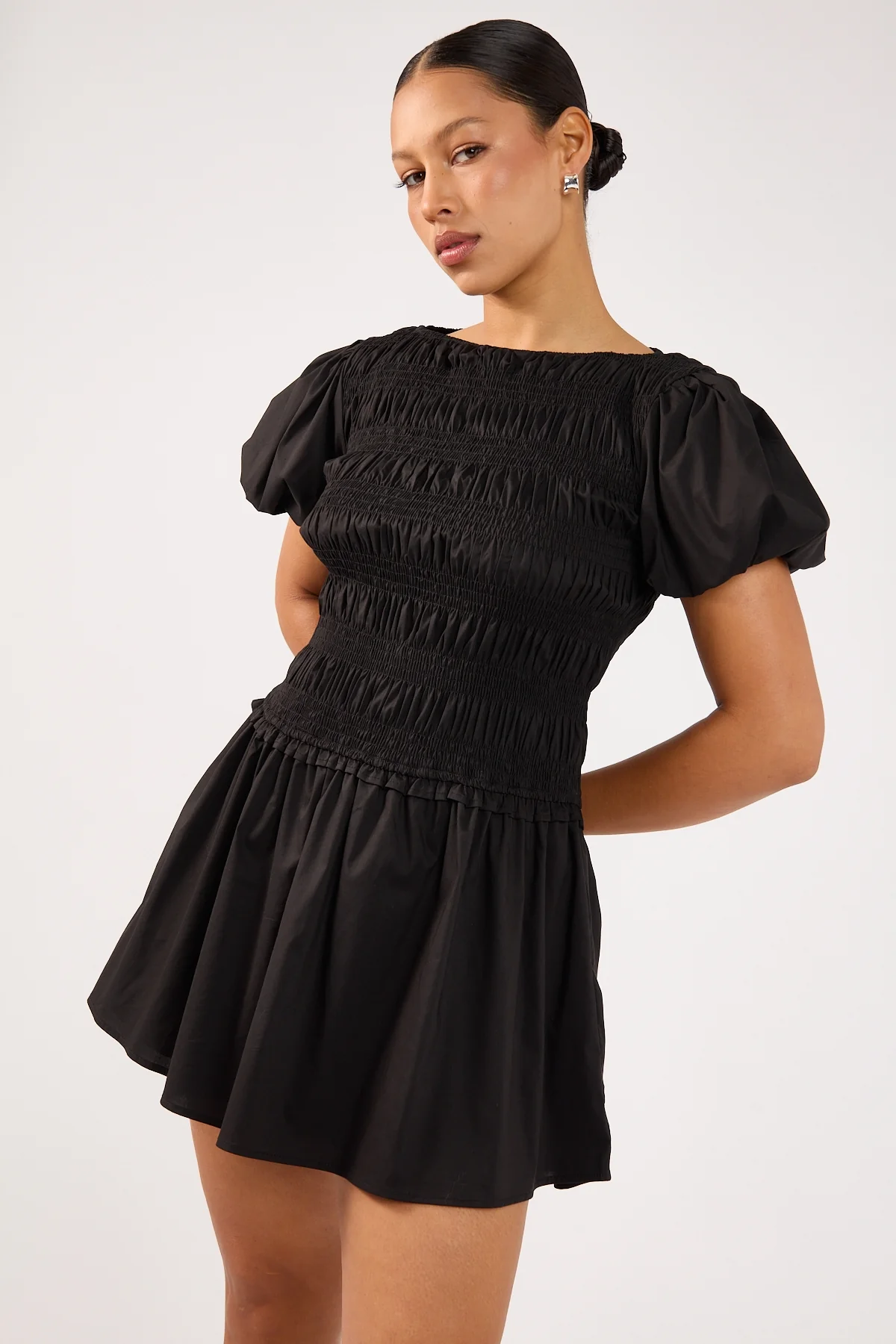 Perfect Stranger Rhea Shirred Short Sleeve Mini Dress Black - Image 6