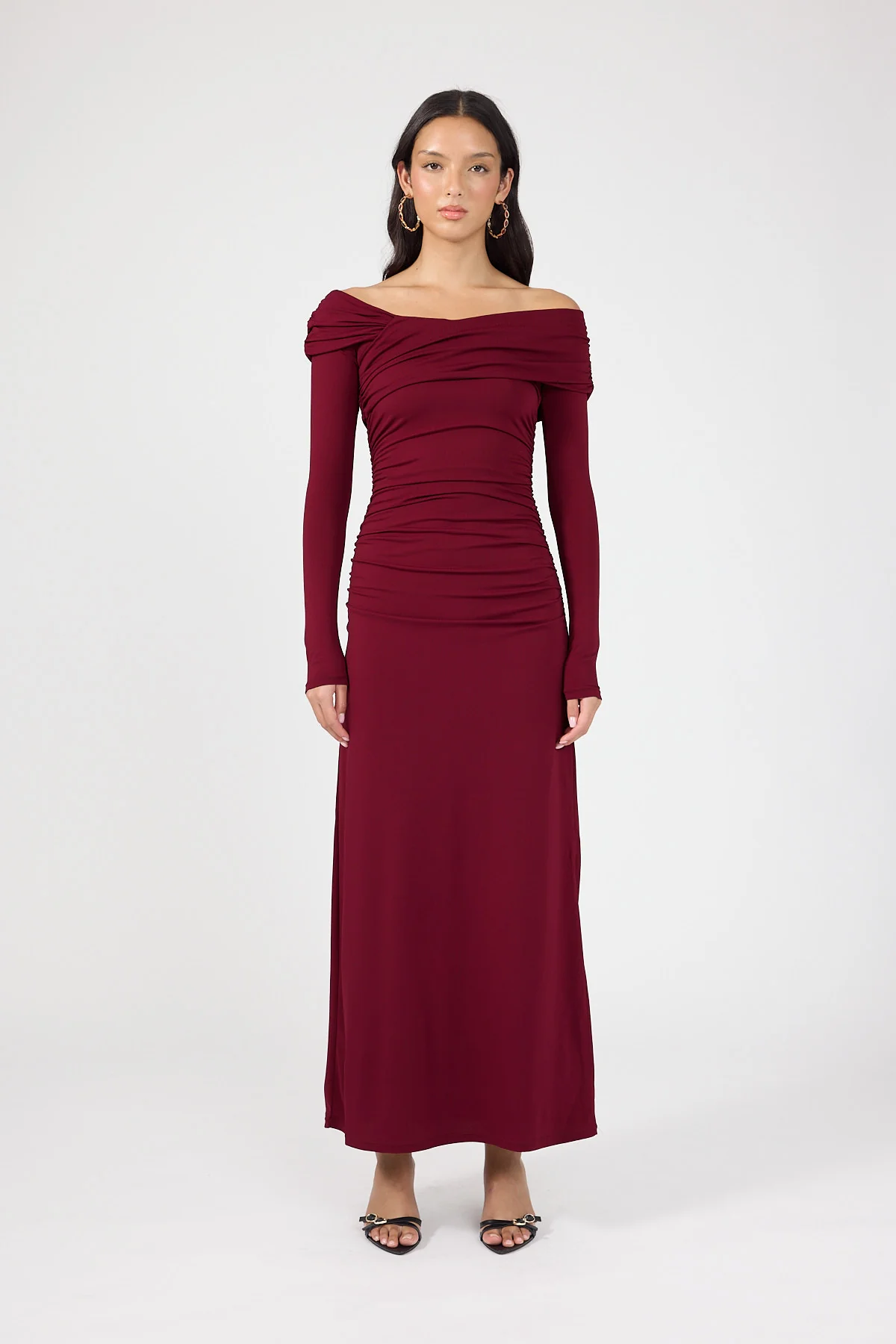 Perfect Stranger Romina Off Shoulder Maxi Dress Burgundy