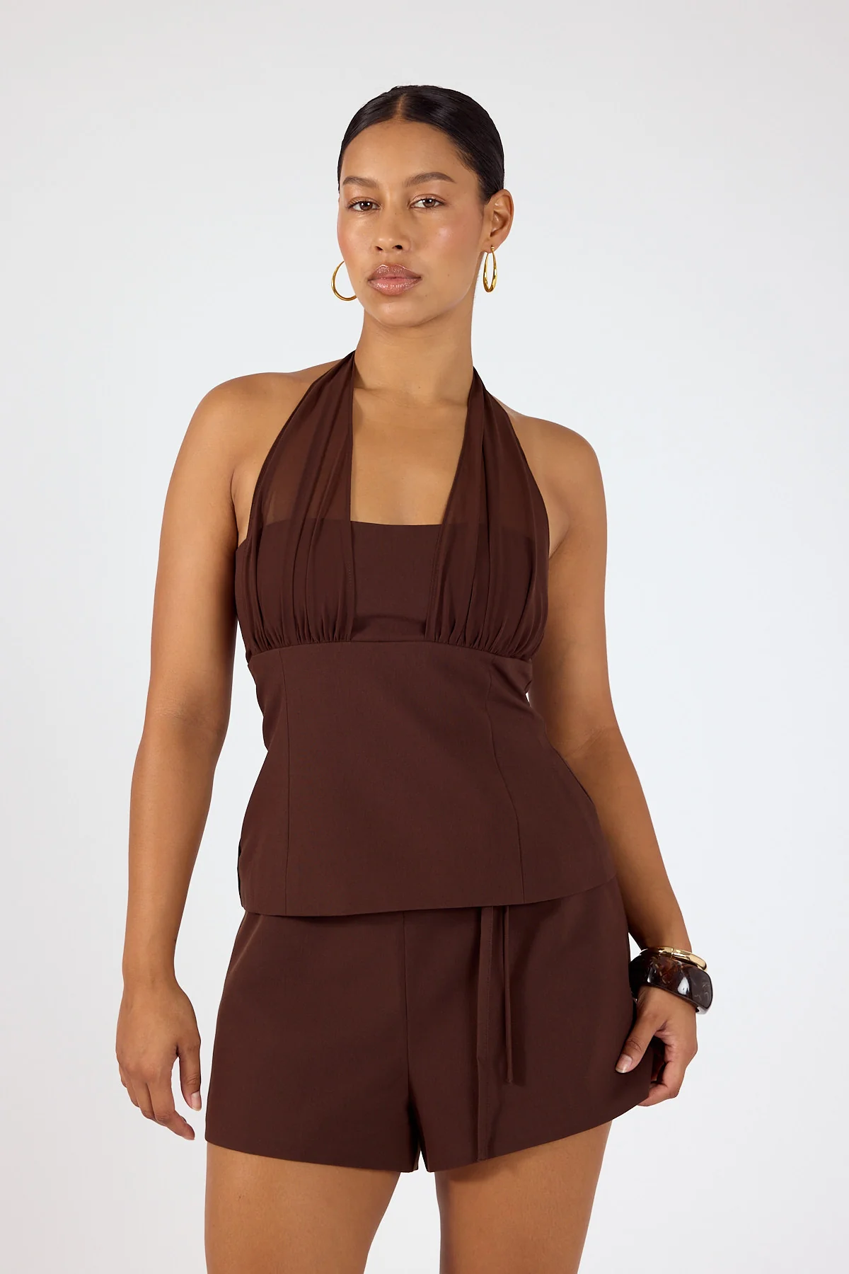 Perfect Stranger Rowan Mid Waisted Suiting Shorts Brown - Image 4