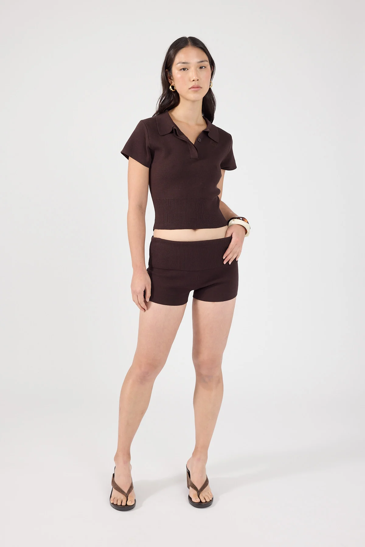 Perfect Stranger Tucker Knit Mini Shorts Brown