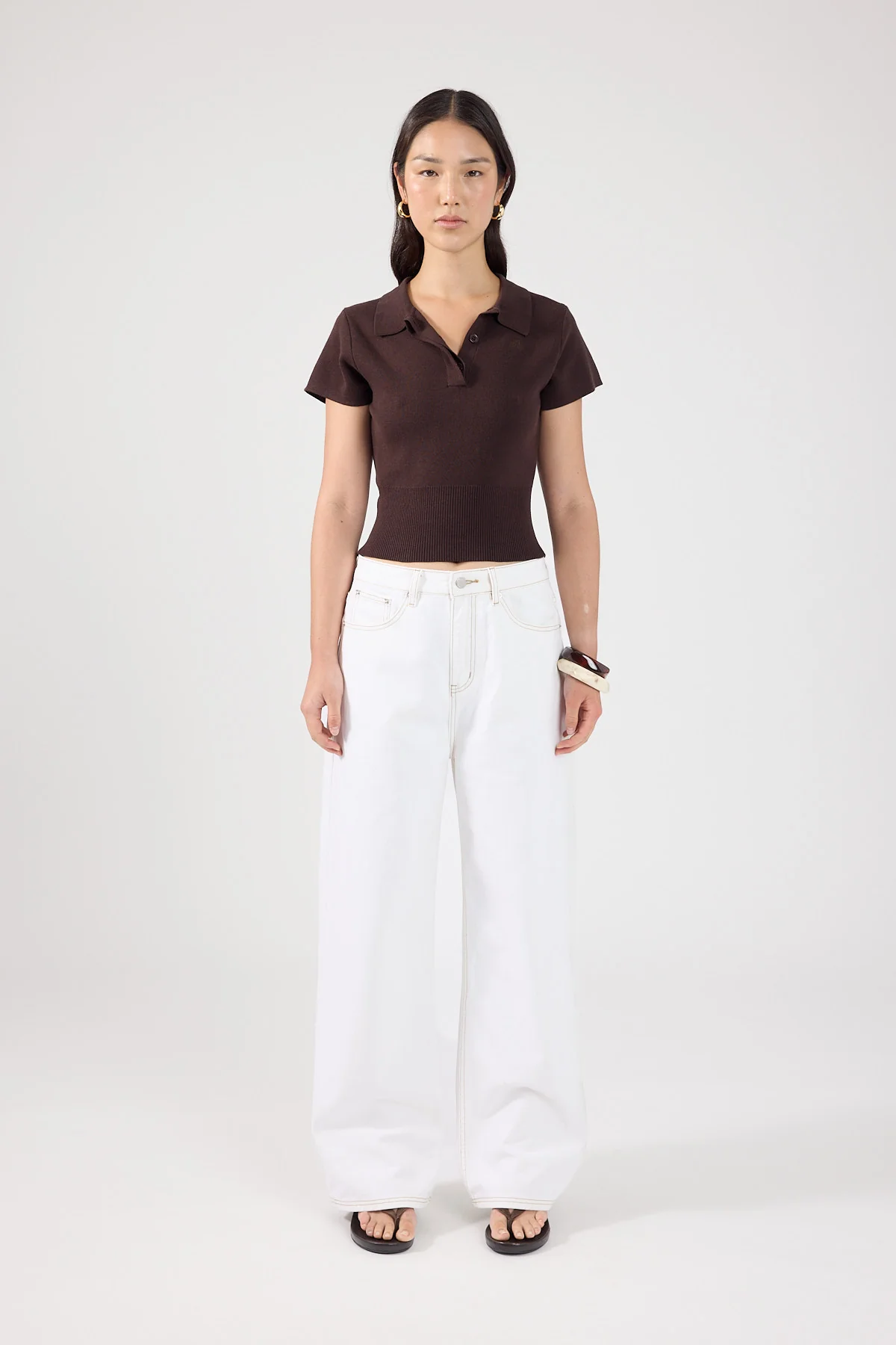 Perfect Stranger Tucker Knit Polo Top Brown