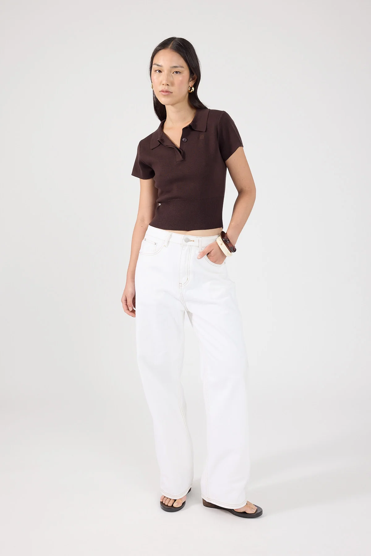 Perfect Stranger Tucker Knit Polo Top Brown - Image 7