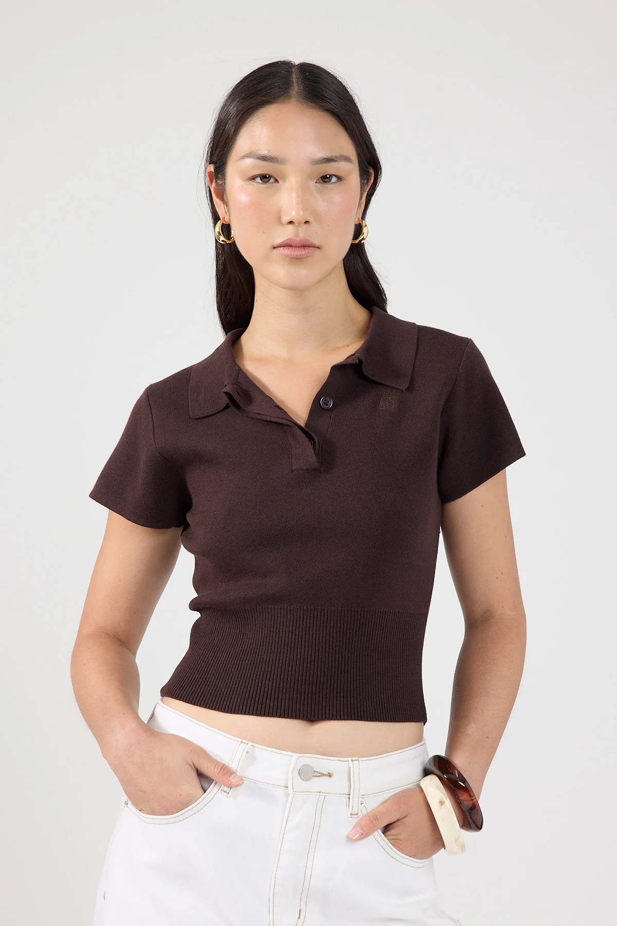 Perfect Stranger Tucker Knit Polo Top Brown - Image 8