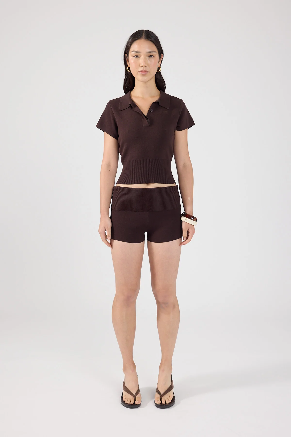 Perfect Stranger Tucker Knit Polo Top Brown - Image 9